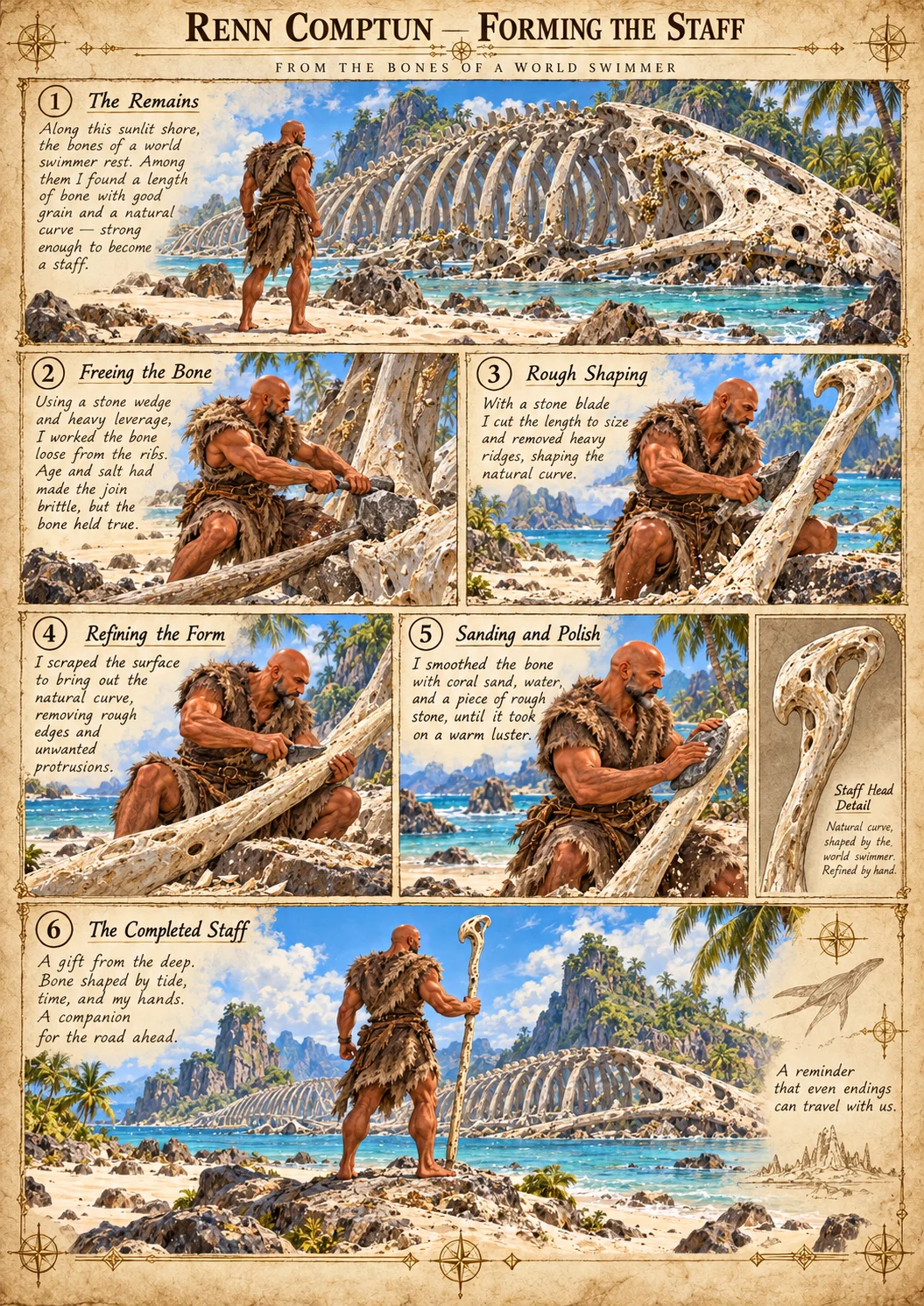 An illustrated chronicle follows Renn Comptun shaping and decorating a staff from World Swimmer bone.
