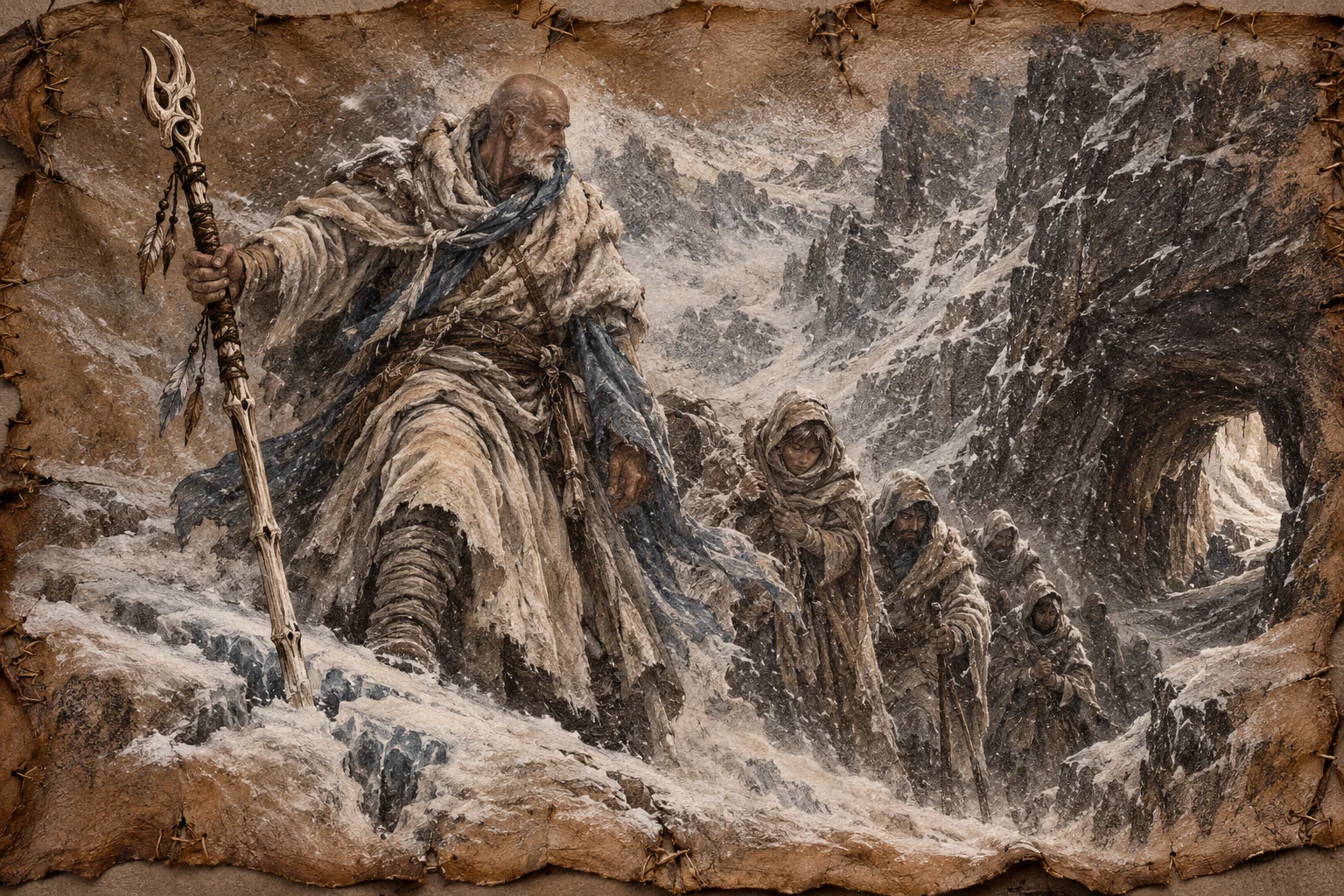 Renn Comptun leads bundled travelers through deep snow in a rugged mountain pass.