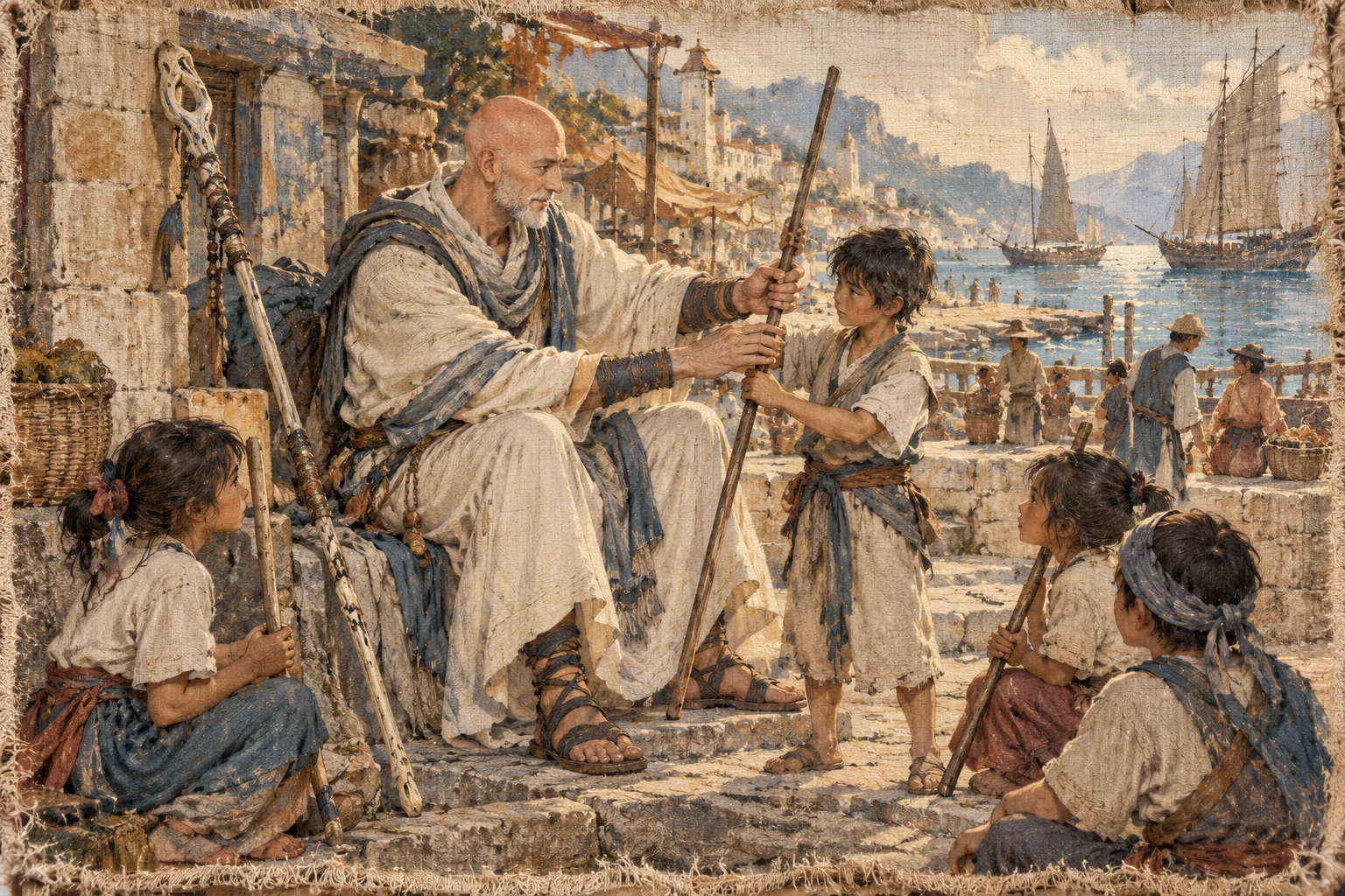 Renn Comptun teaches children with a wooden staff beside a sunny harbor.