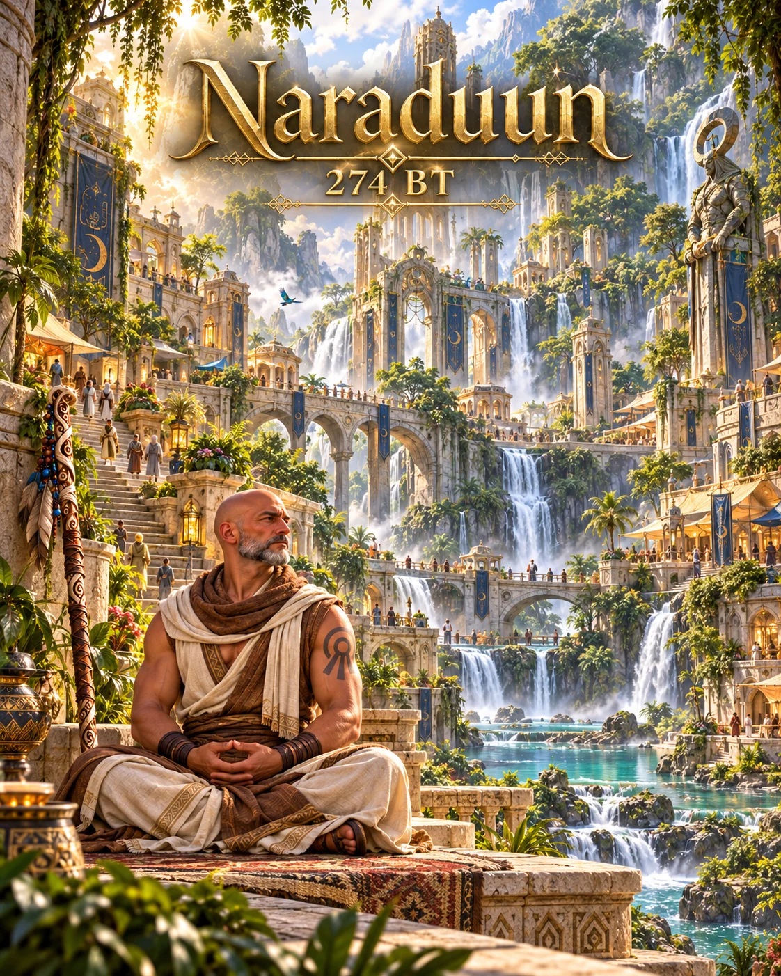 Renn sits before a lush city of terraces, towers, and cascading waterfalls.