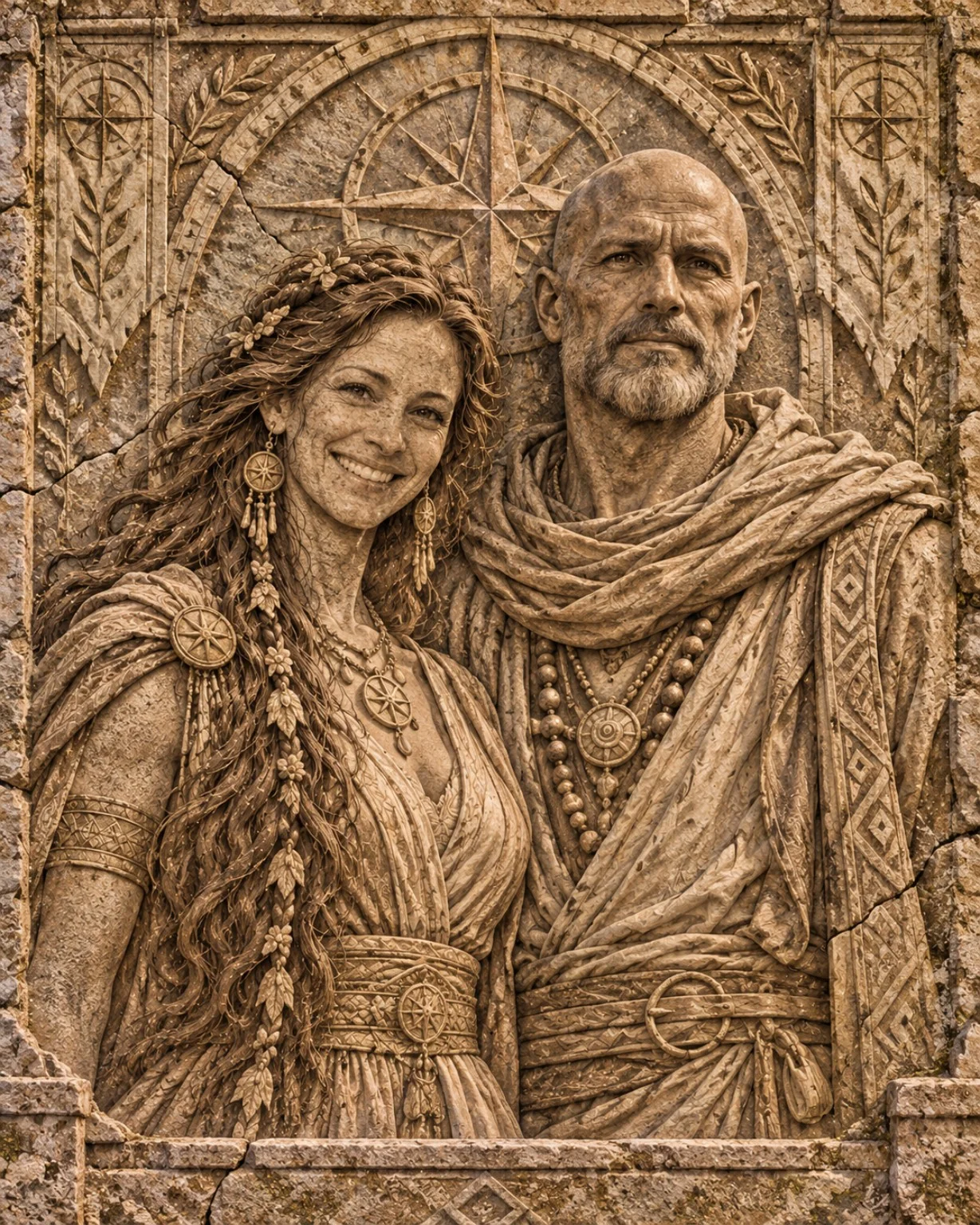 A stone relief portrait of a smiling woman and a bearded man framed by ornate carvings.