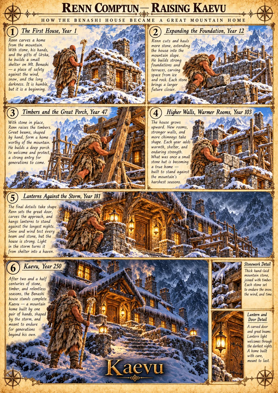 An illustrated chronicle depicts the construction of Kaevu, a timber and stone home in the snowy mountains.