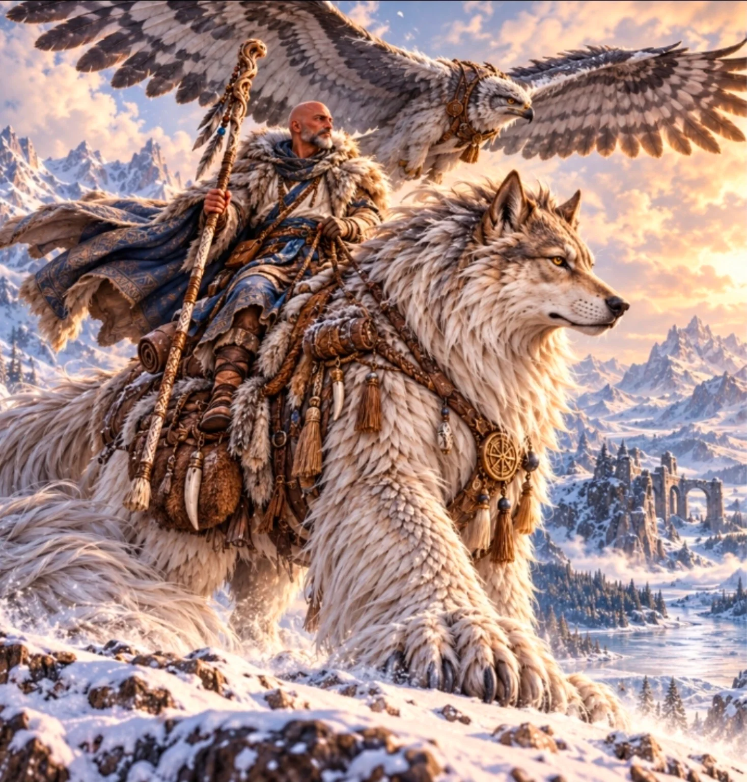Renn rides a pale horned companion along a snowy ridge while a large bird of prey spreads its wings overhead.