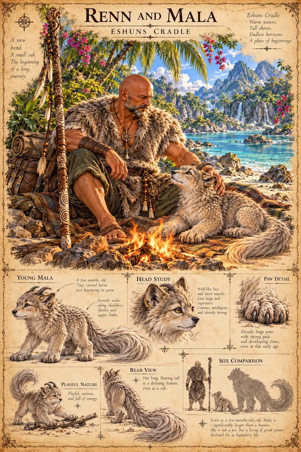 Renn sits beside Mala at a campfire beneath tropical trees, with companion studies and notes below.
