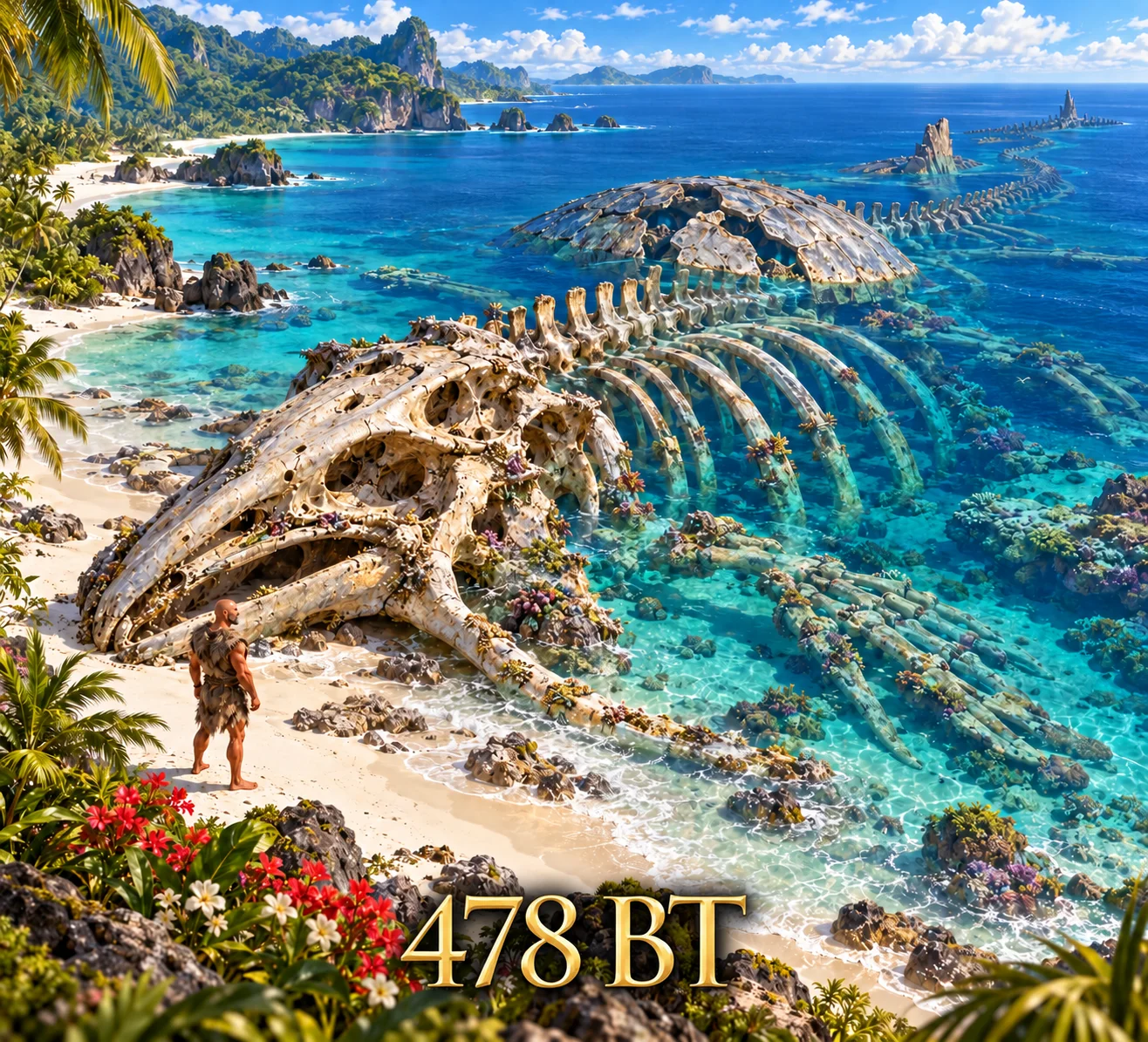 Renn stands beside a colossal skeleton stretched along a bright turquoise coast.