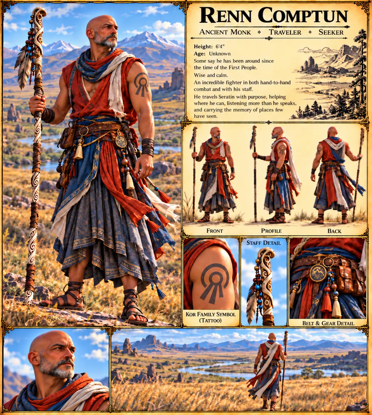 Renn Comptun in red, blue, and cream travel robes with a carved staff, front, profile, and back views, a shoulder tattoo, belt and gear details, and open grassland scenery.