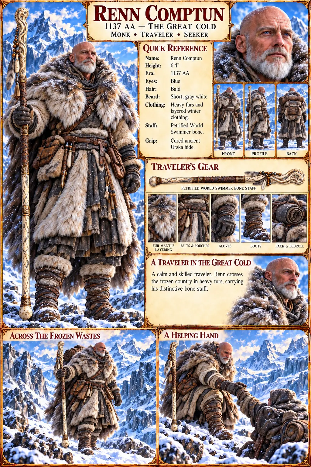 Renn Comptun in heavy winter furs holding a carved bone staff, with portraits, turnaround views, travel gear details, and snowy mountain scenes.