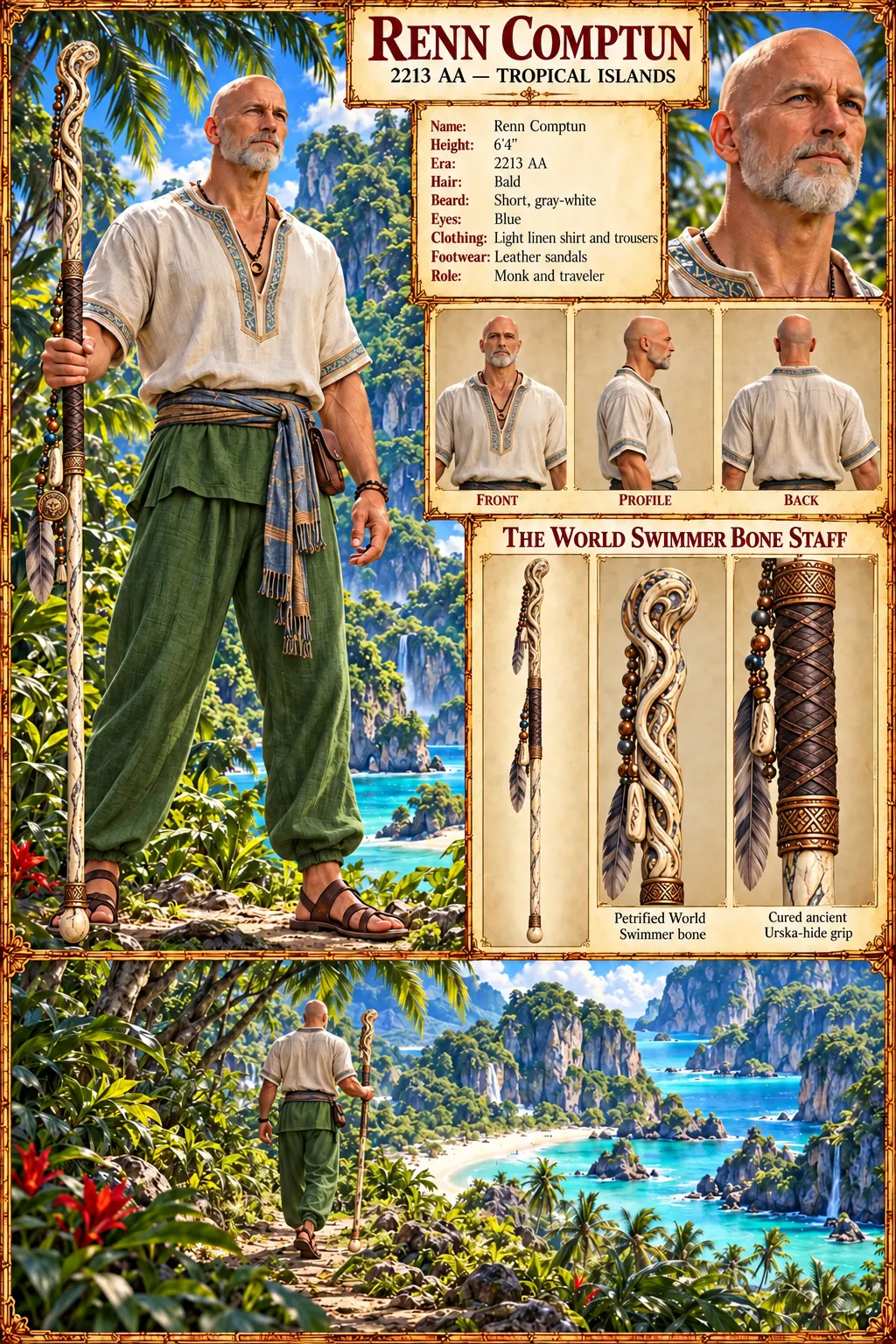 Renn Comptun in a cream shirt and green trousers with a carved bone staff, portrait and turnaround views, staff details, and tropical island scenery.