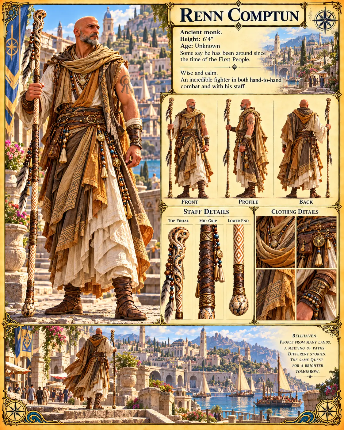 Renn Comptun in layered gold and cream robes in Bellhaven, with front, profile, and back views, carved staff and clothing details, and a coastal city scene.