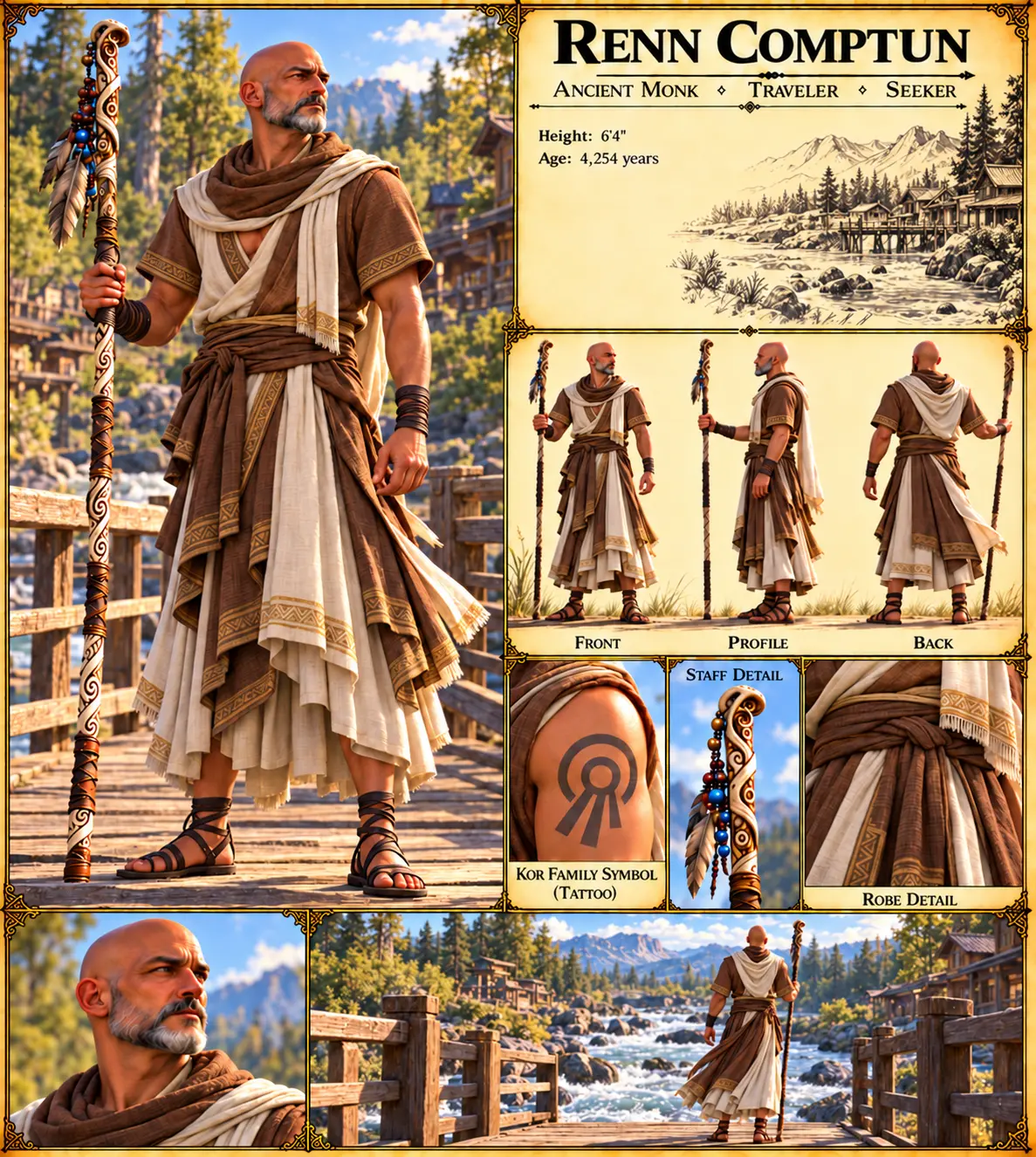 Renn Comptun in brown and cream robes holding a carved staff beside a mountain river village, with front, profile, and back views, a portrait, shoulder tattoo, staff, and robe details.