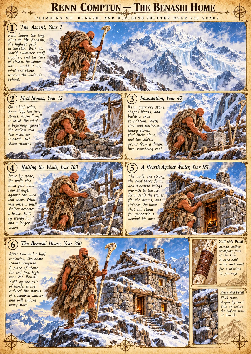 Illustrated panels show Renn building a mountain home, from gathering timber to raising its walls and roof.