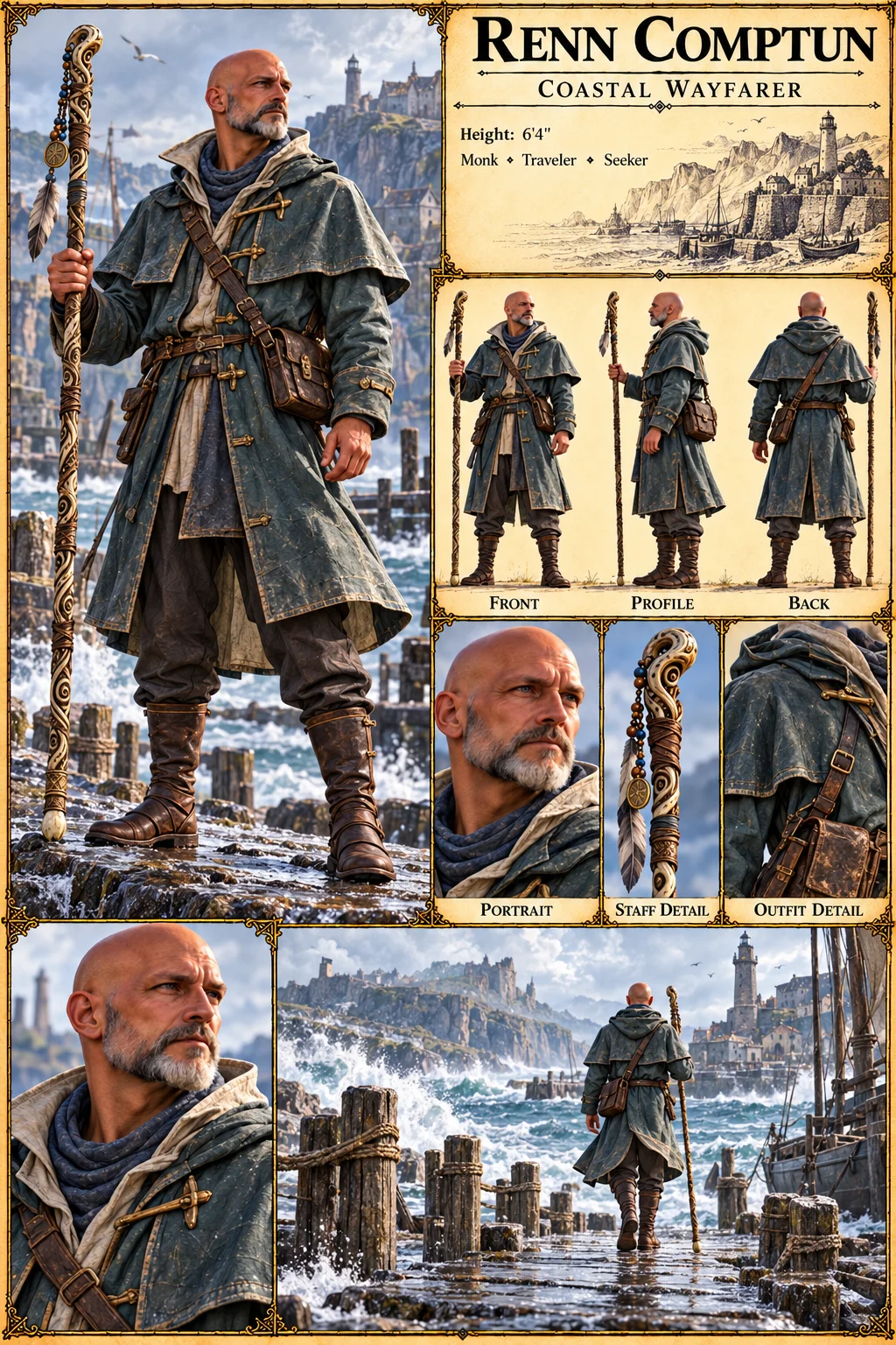 Renn Comptun reference plate showing a blue coastal traveling coat, portrait and outfit studies, a carved staff, a travel pack, and a rocky shore with ancient ruins.