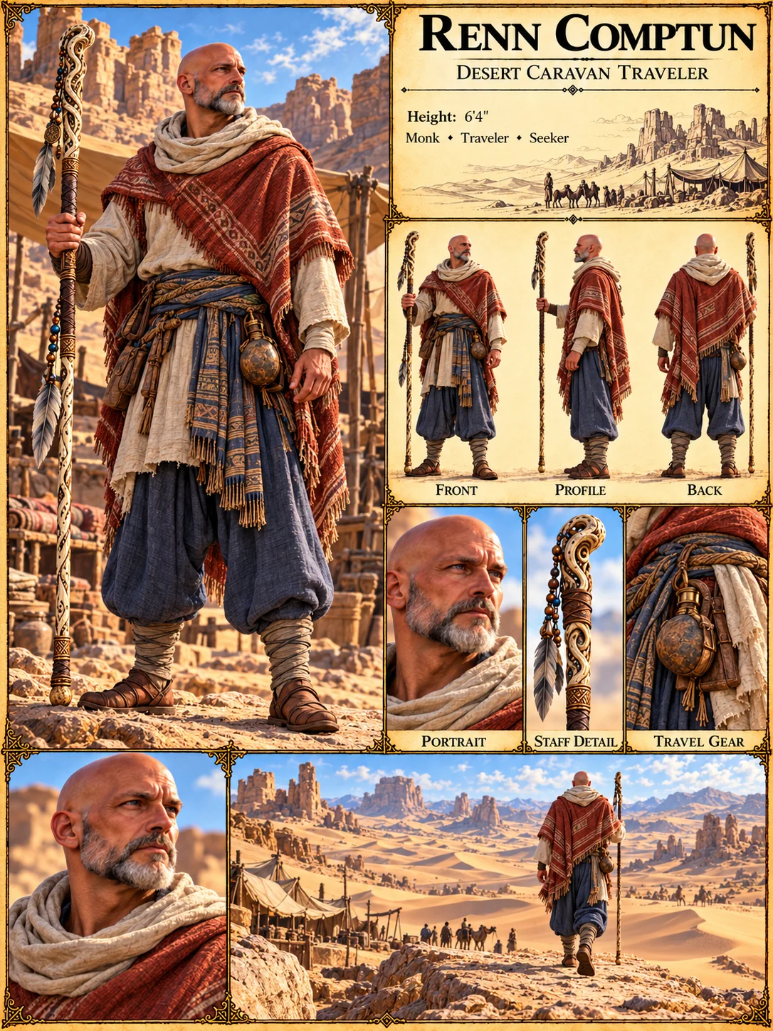 Renn Comptun reference plate showing layered desert clothing, portrait and outfit studies, a carved staff, a travel pack, and a sunlit caravan landscape.