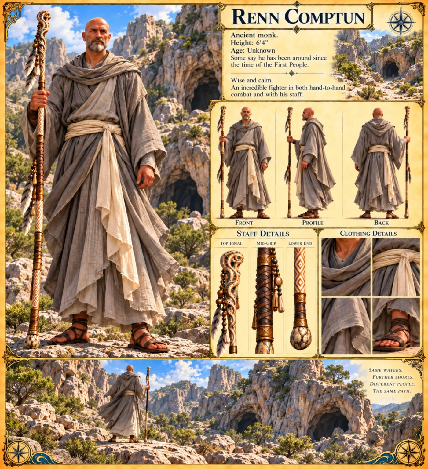 Renn Comptun reference sheet showing gray robes, turnaround views, equipment, and rocky ruins.