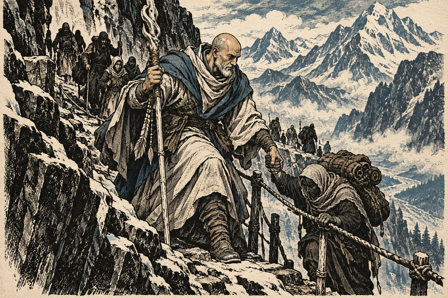 Renn Comptun helps travelers along a narrow rocky trail above a snowy mountain valley.