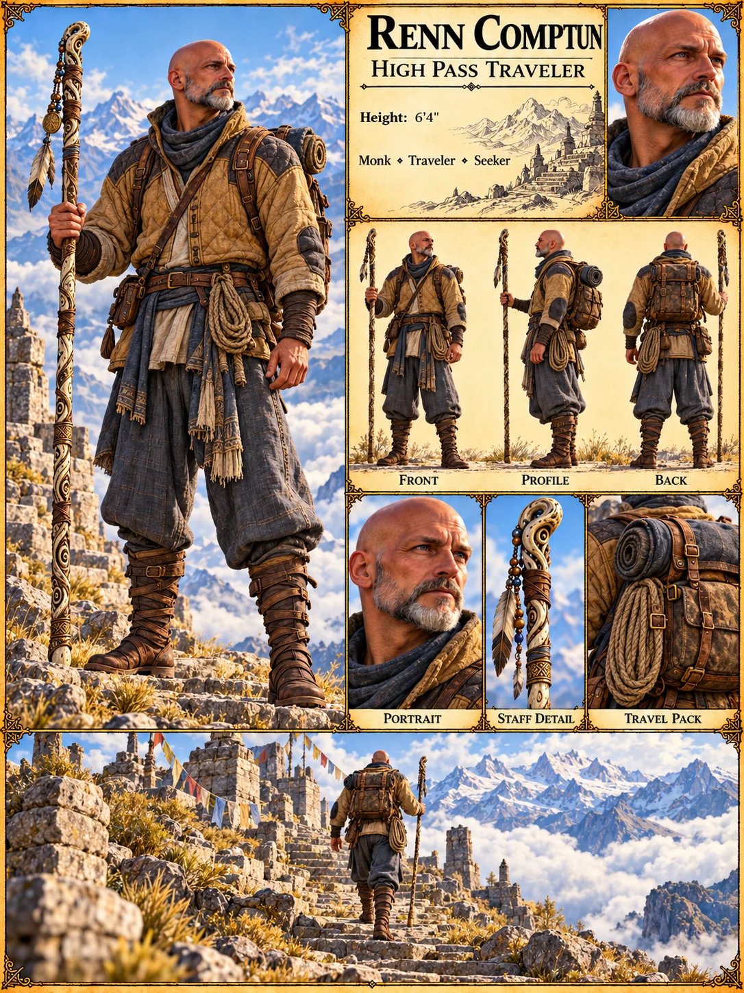 Renn Comptun reference plate showing layered mountain clothing, portrait and outfit studies, a carved staff, a travel pack, and a high trail among snowy peaks.