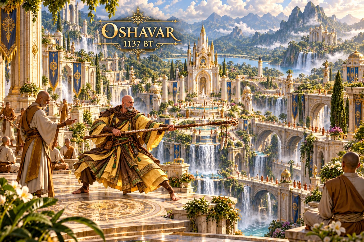 Renn overlooks a bustling city of golden towers, bridges, waterways, and mountain views.