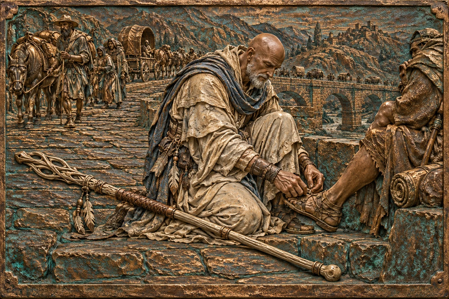 Renn Comptun kneels to mend a seated traveler’s sandal beside a busy road.