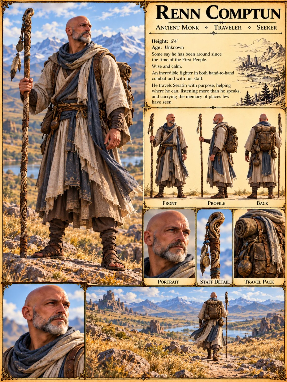 Character reference plate showing Renn Comptun in layered traveling clothes with portraits, a carved staff, a travel pack, and mountain scenery.