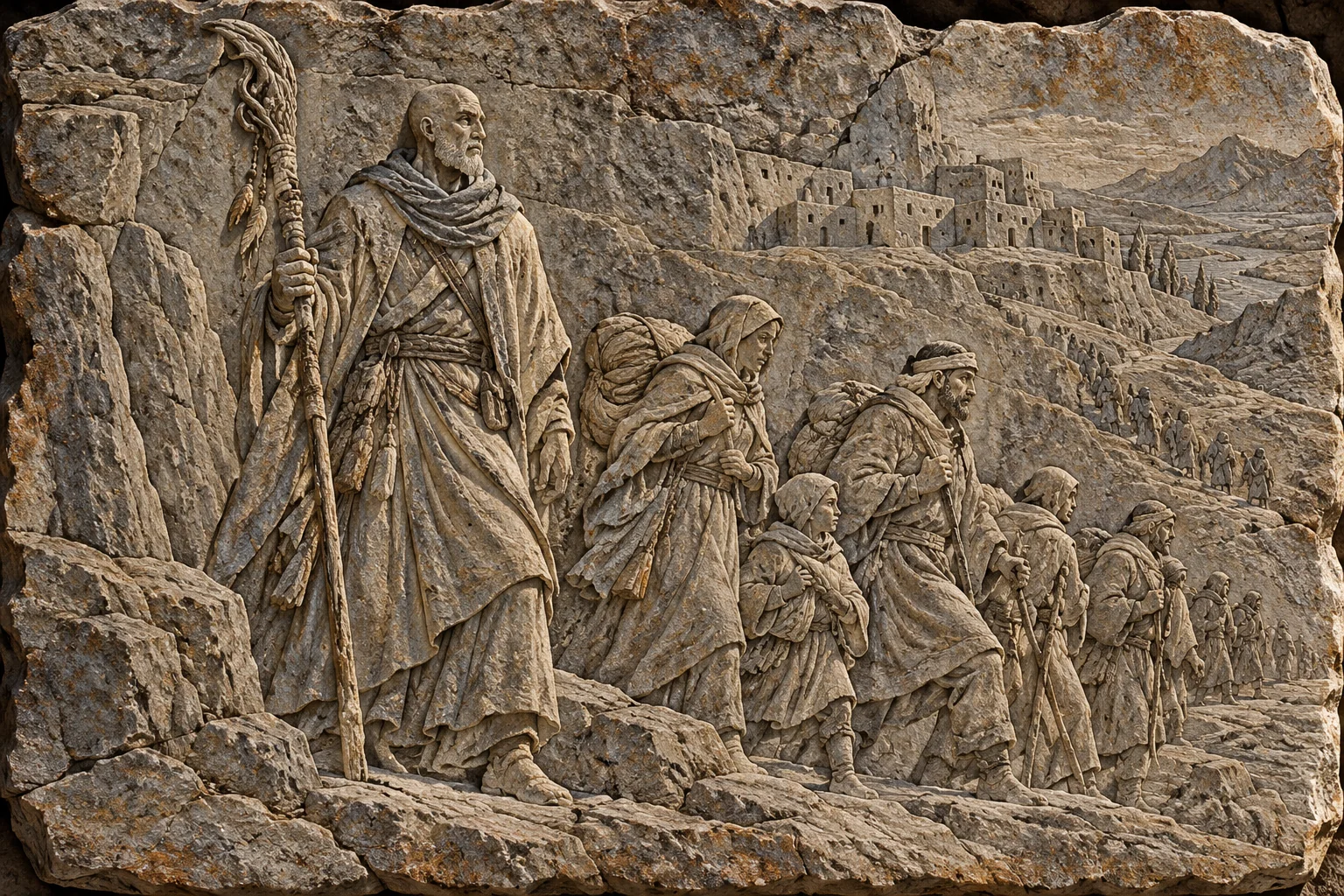Renn Comptun leads travelers down an ancient stone path through rocky mountains.
