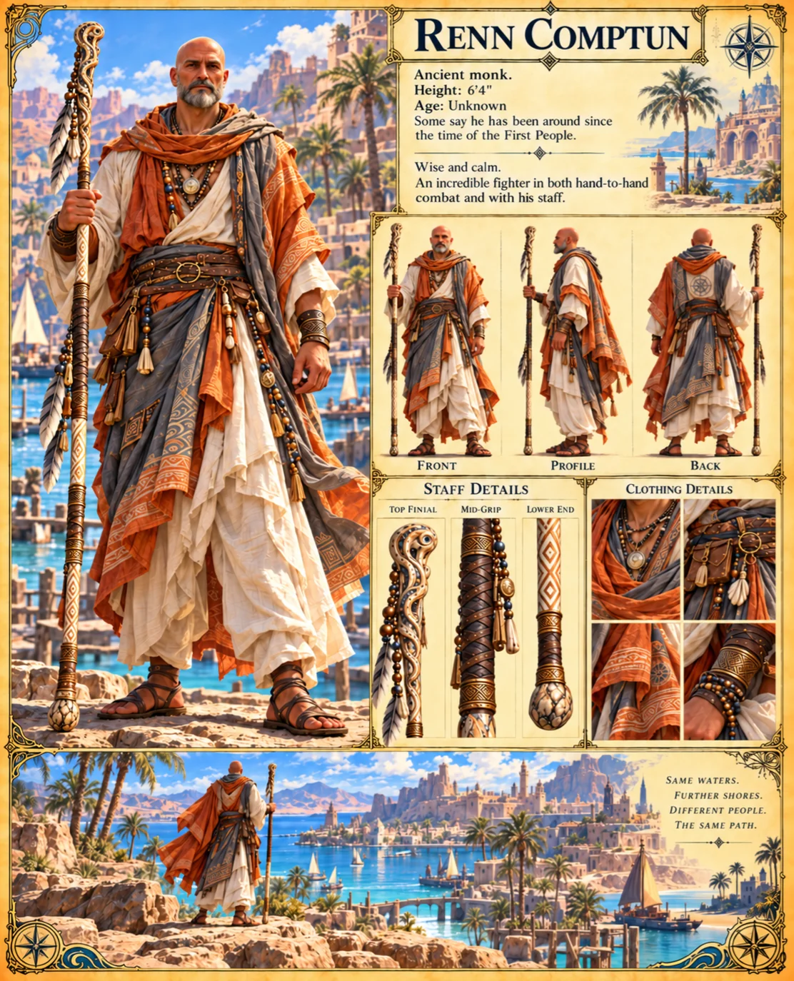 Renn Comptun reference sheet showing orange and cream robes, turnaround views, equipment, and coastal scenery.