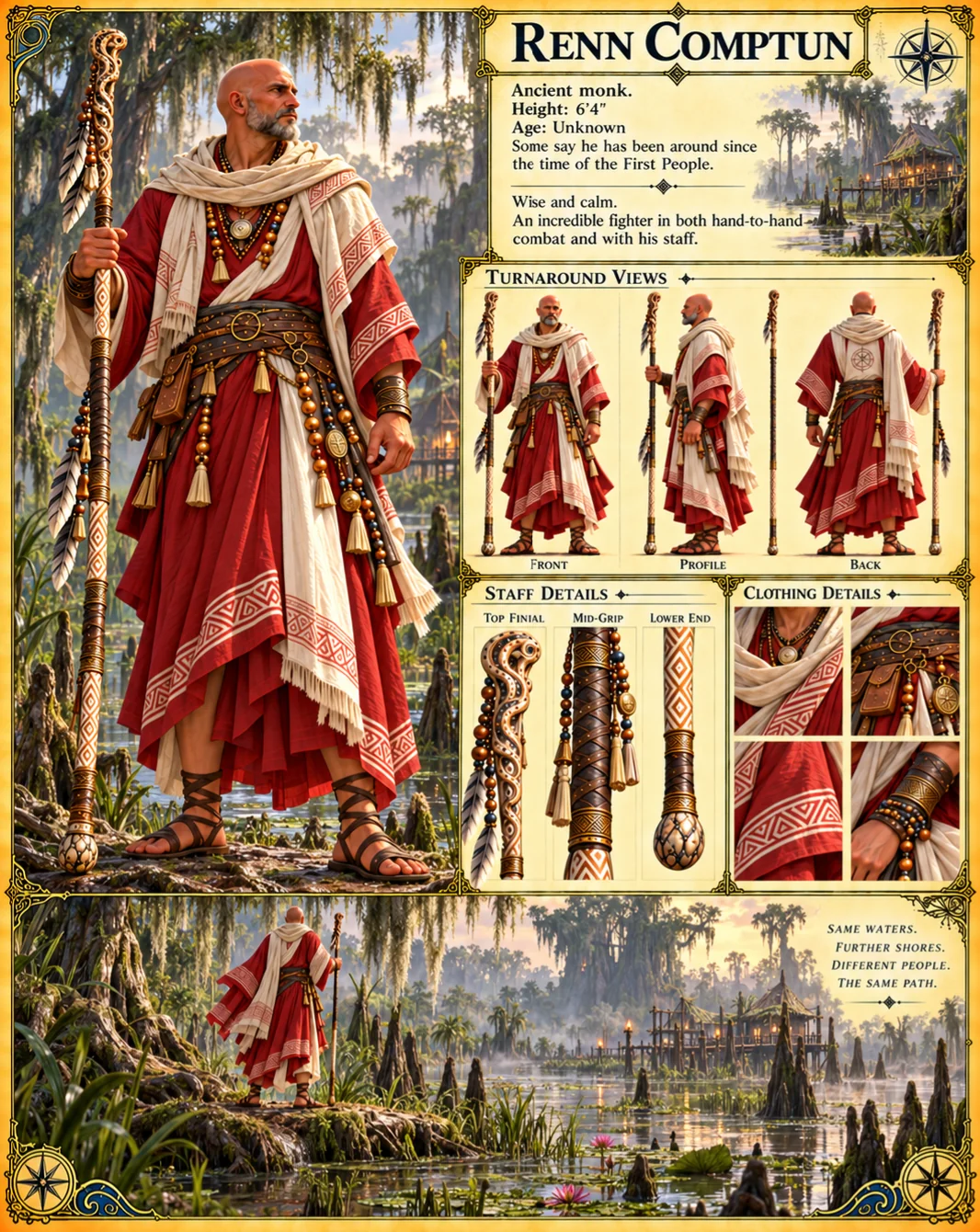 Renn Comptun reference sheet showing red and cream robes, turnaround views, equipment, and wetland scenery.