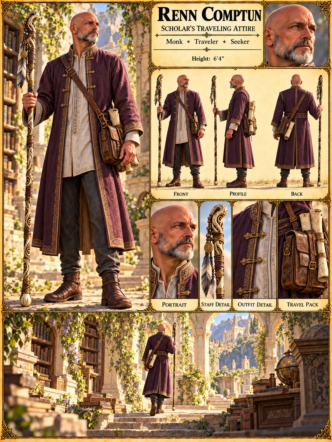 Renn Comptun reference plate showing purple scholar robes, portrait and outfit studies, a carved staff, a travel pack, and overgrown stone archives.