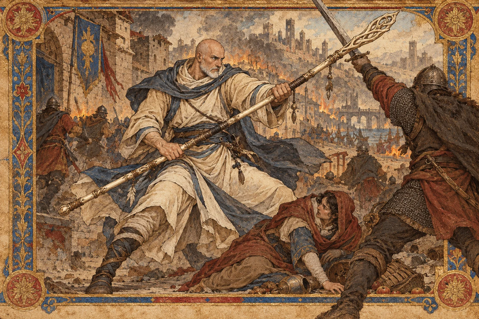 Renn Comptun uses his staff to shield a fallen civilian during a street battle.