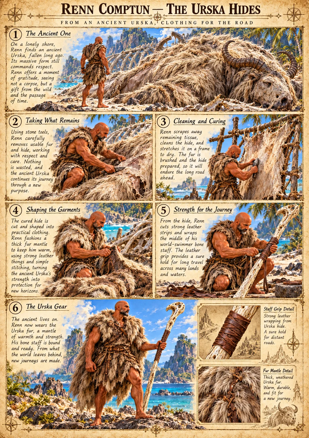 An illustrated chronicle shows Renn working with Urska hides and carrying the finished furs on his travels.