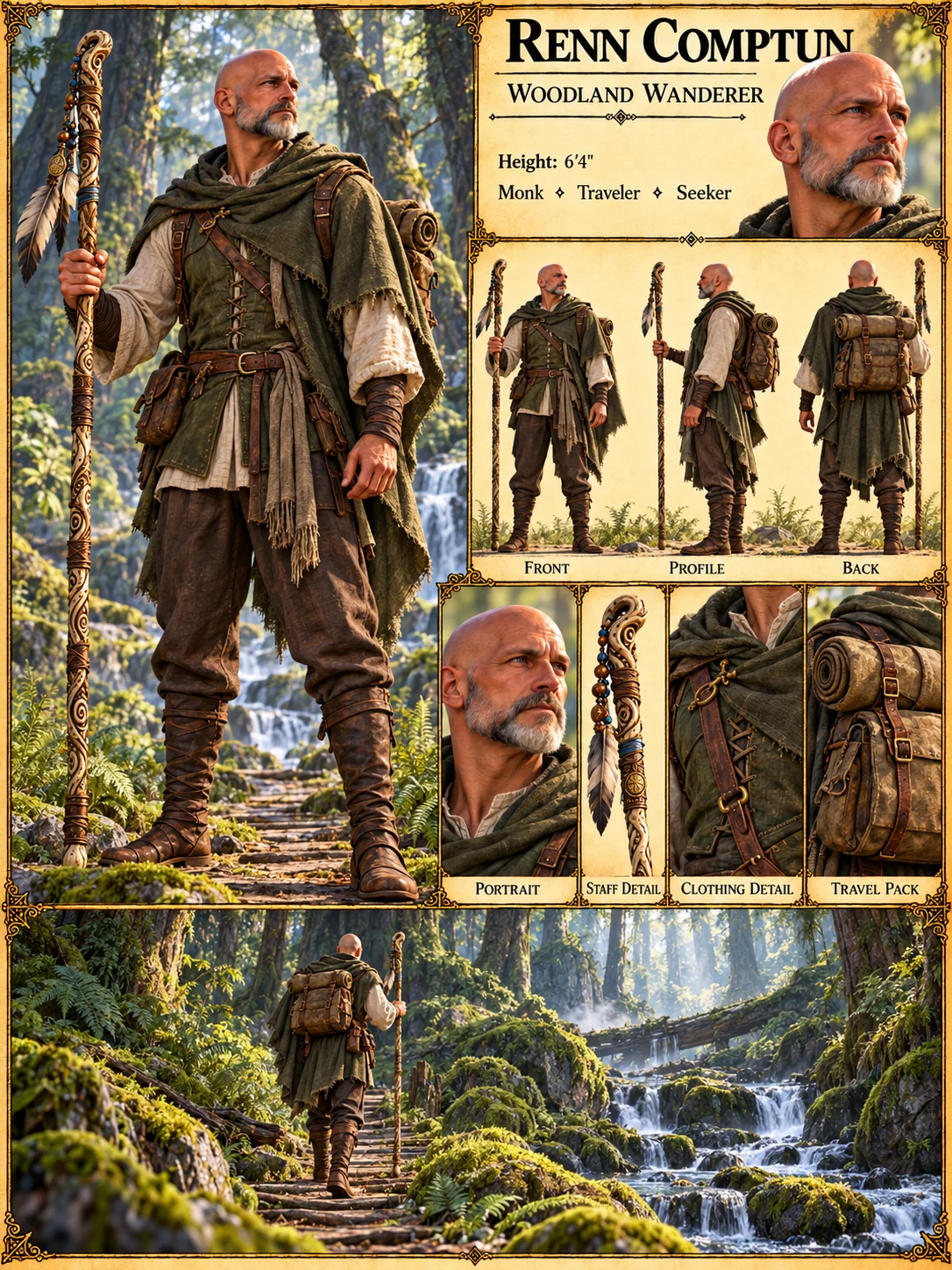Renn Compton reference plate showing a green woodland cloak, portrait and outfit studies, a carved staff, a travel pack, and a mossy forest stream.