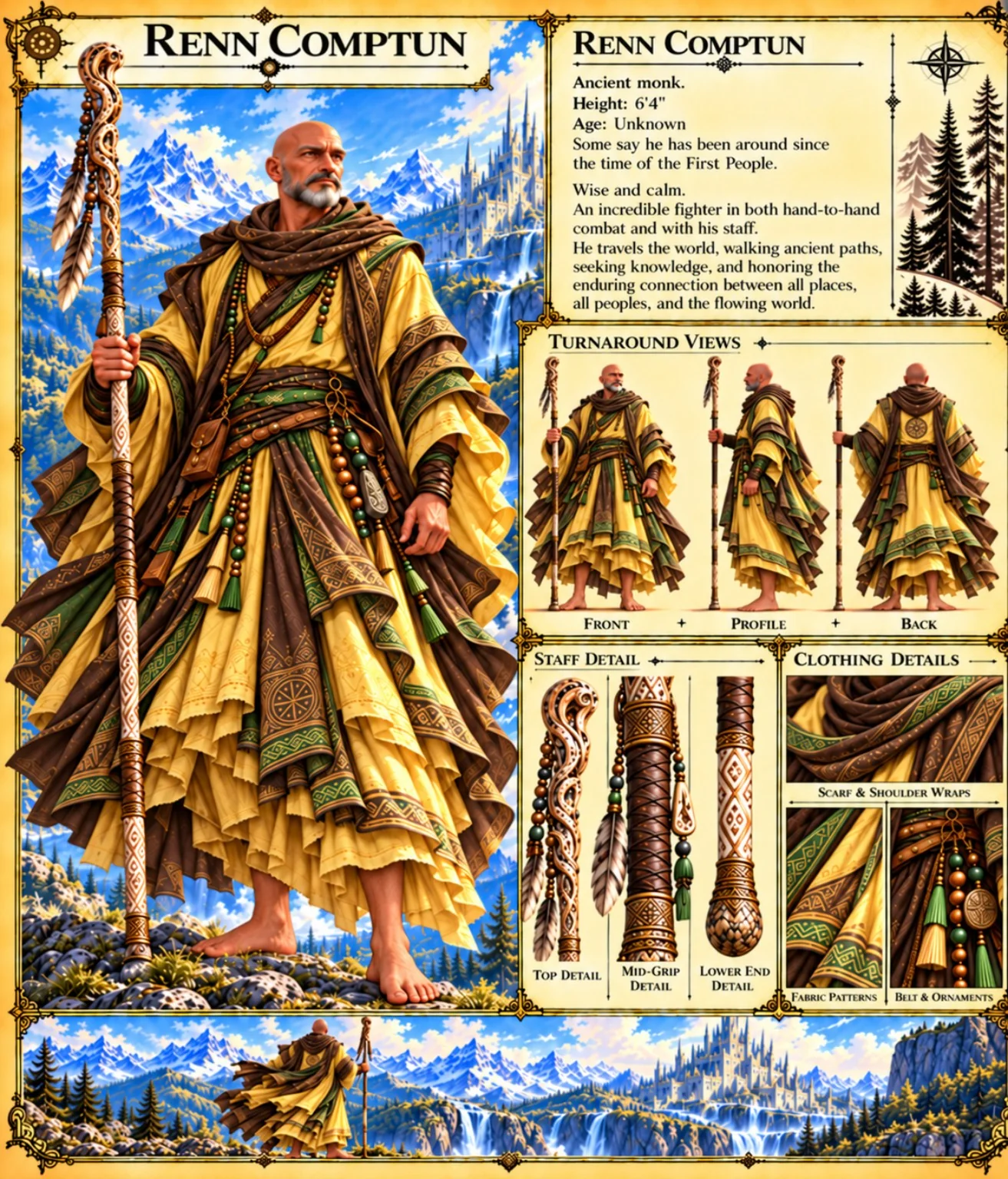 Renn Comptun reference sheet showing yellow and brown robes, turnaround views, equipment, and mountain scenery.