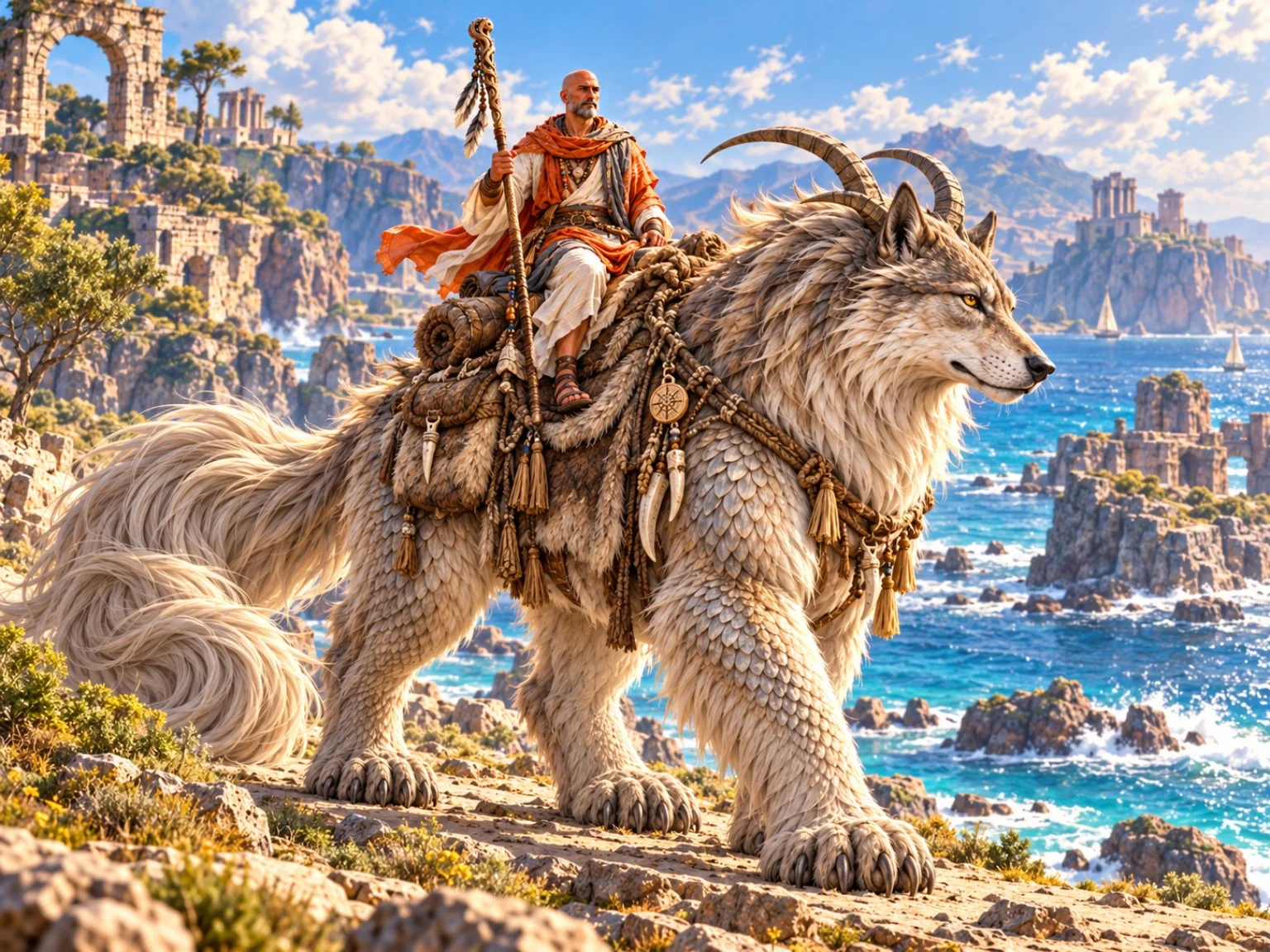 Renn rides a pale horned companion on a sunlit coastal hillside overlooking blue water, rocky islands, and ancient ruins.