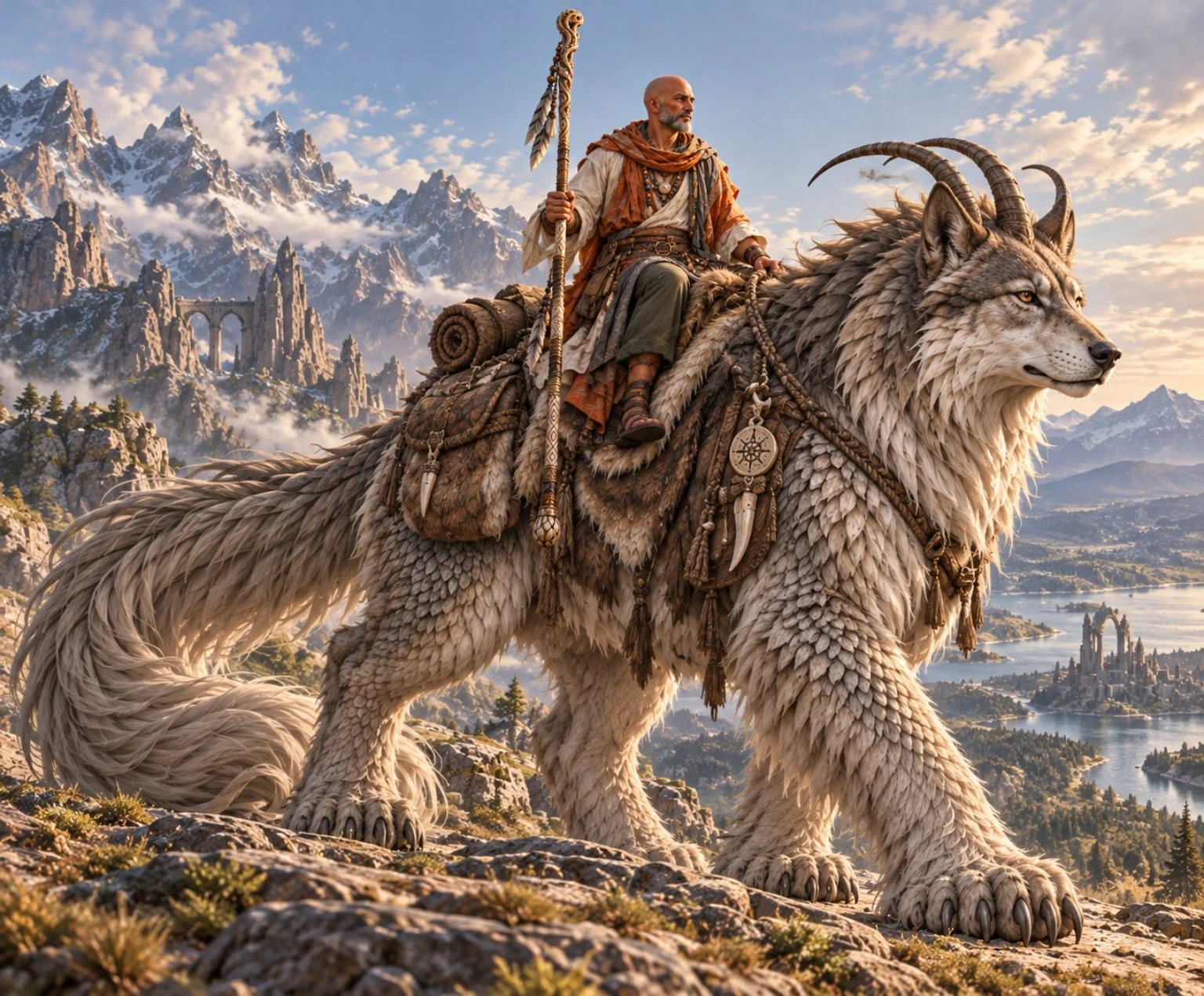 Renn carries his staff while riding a large pale horned companion above a sunlit mountain valley.