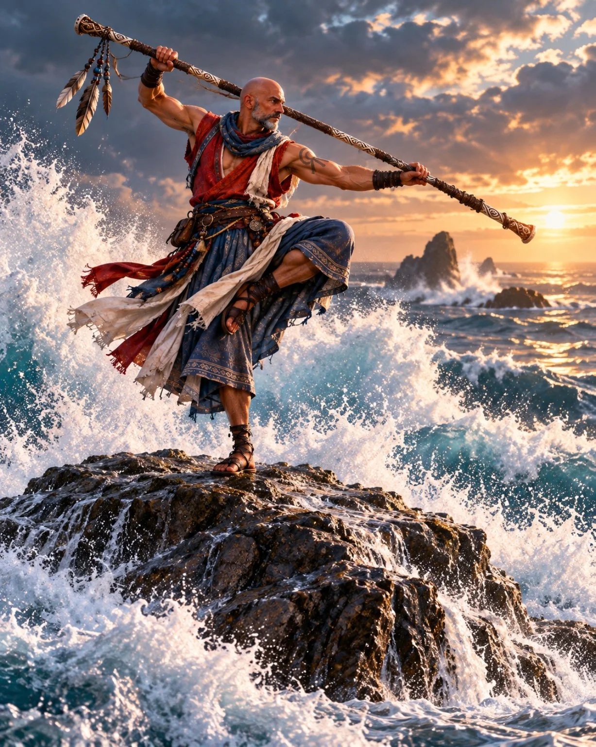 Renn balances on a coastal rock with his staff raised as waves break around him beneath a glowing sky.