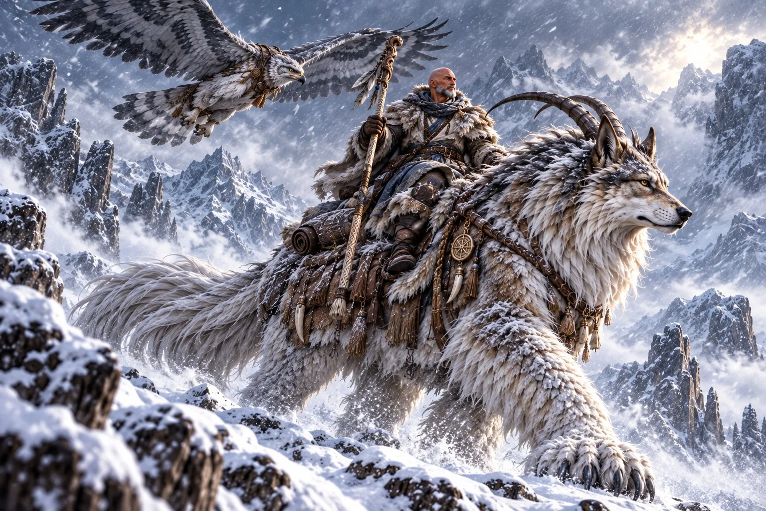 Renn rides a pale horned companion through deep snow beneath a flying bird of prey in a forested mountain landscape.