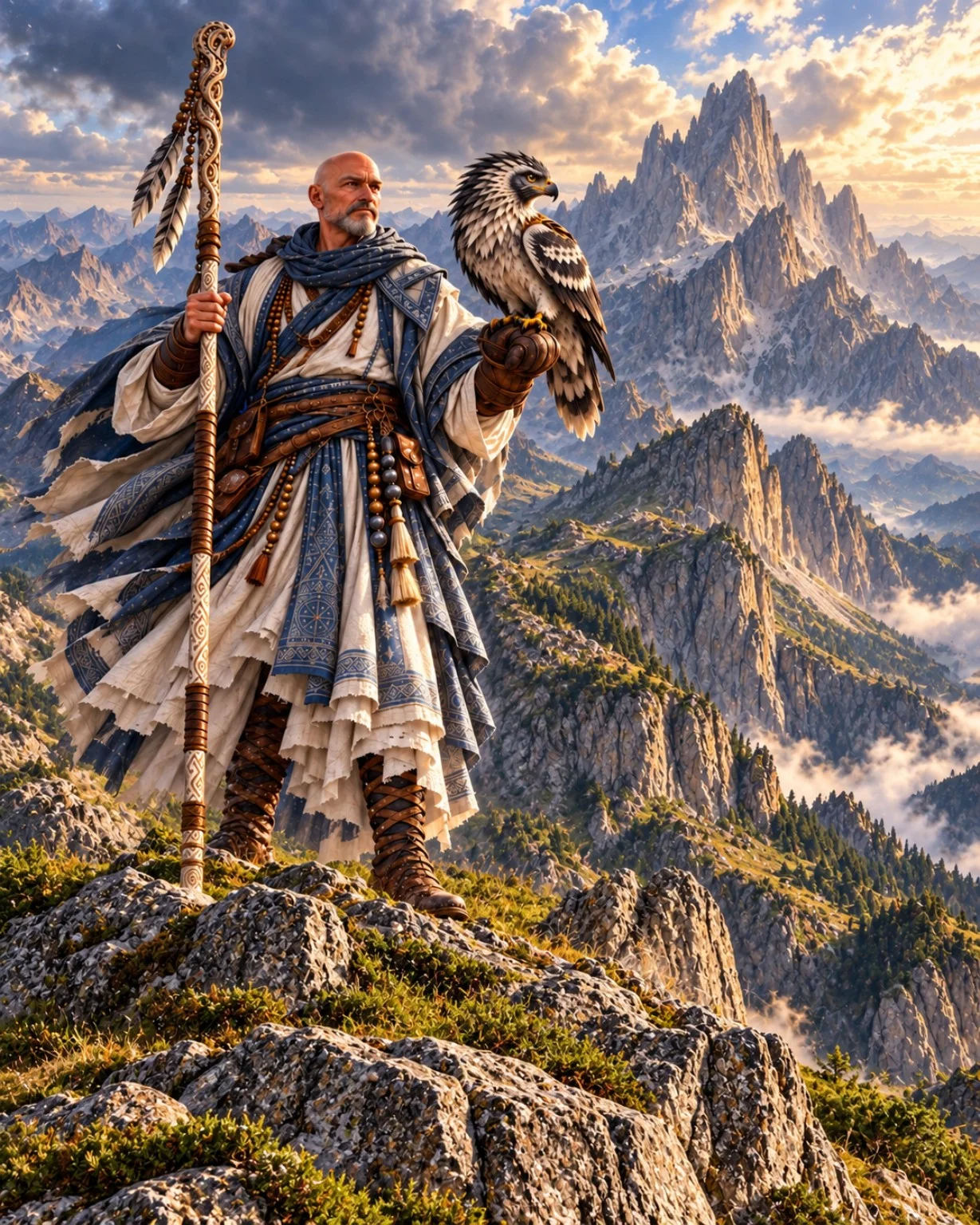 Renn stands on a rocky mountain overlook holding his carved staff with a bird of prey perched on his arm.