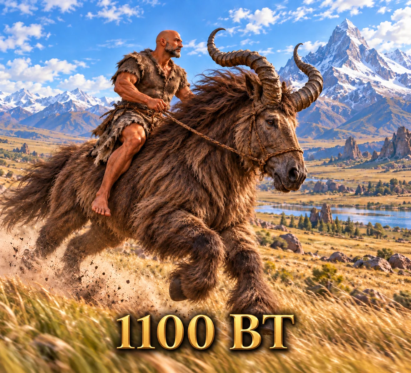 Renn rides a shaggy horned mount through golden grasslands beneath distant snowy mountains.