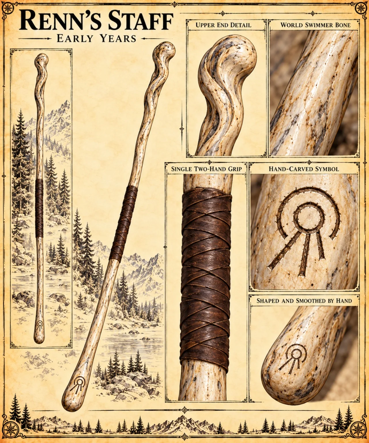 Reference plate showing Renn’s curved bone staff with close studies of the tip, bone grain, leather binding, and carved symbol.
