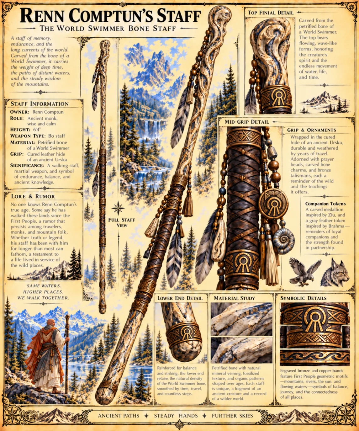 Reference plate of Renn Comptun’s carved staff, with close views of its bindings, ornament, and bone details.