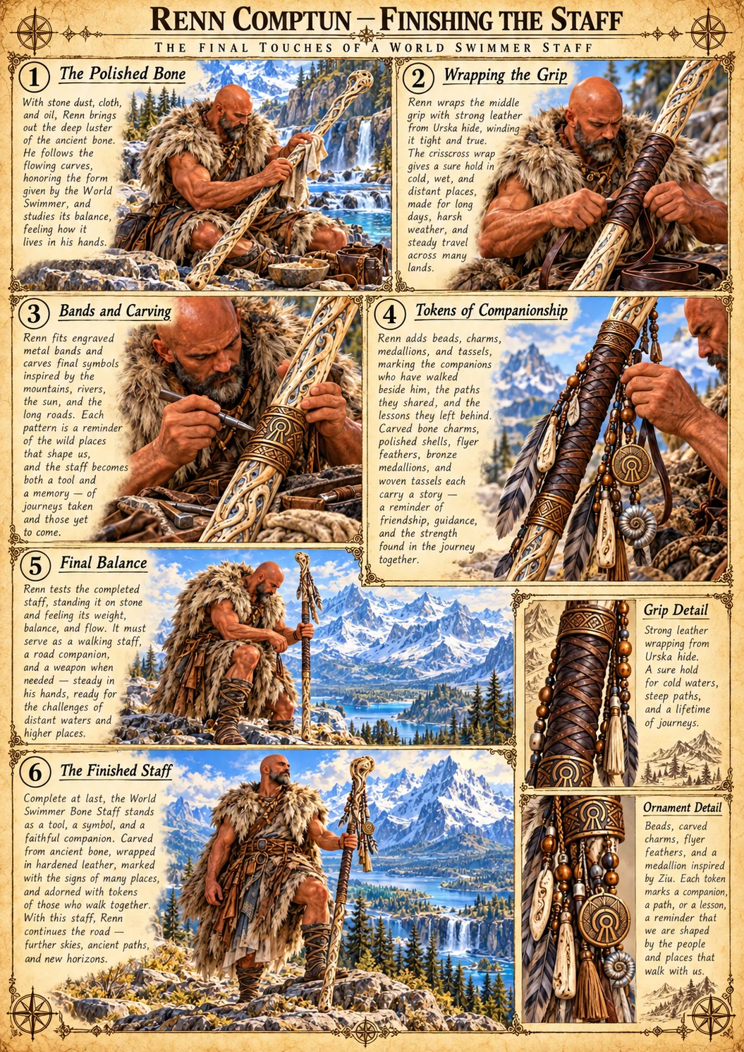 An illustrated chronicle follows Renn carving, binding, and carrying his World Swimmer bone staff.