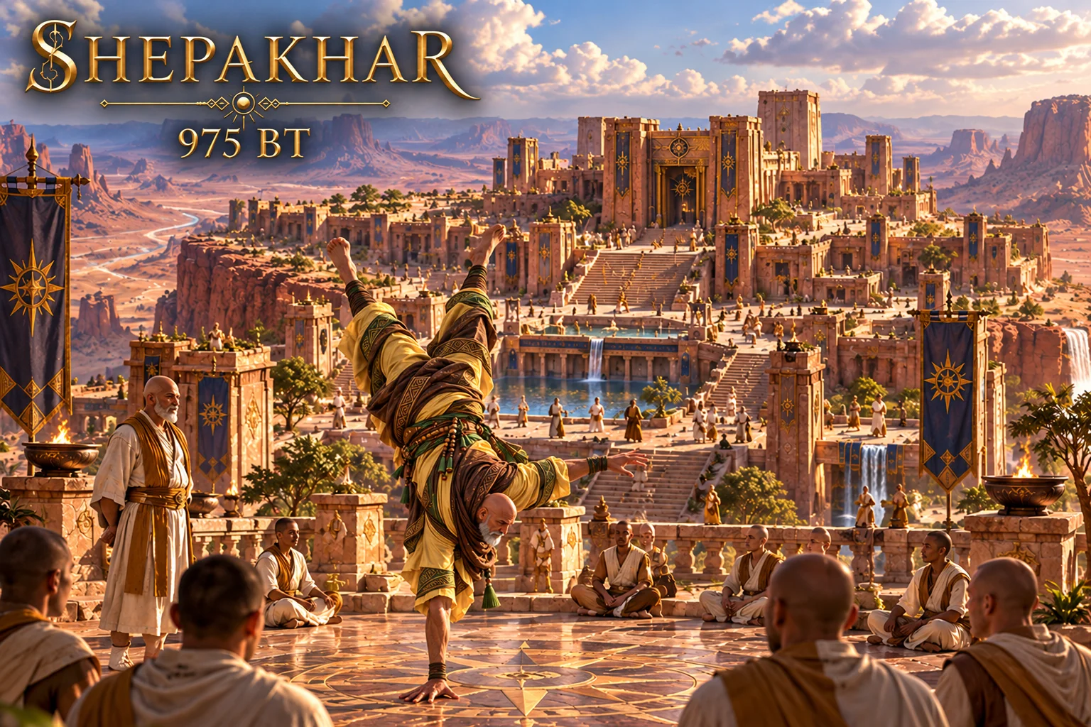 A traveler looks across a sunlit city of terraced sandstone buildings, courtyards, and blue pools.