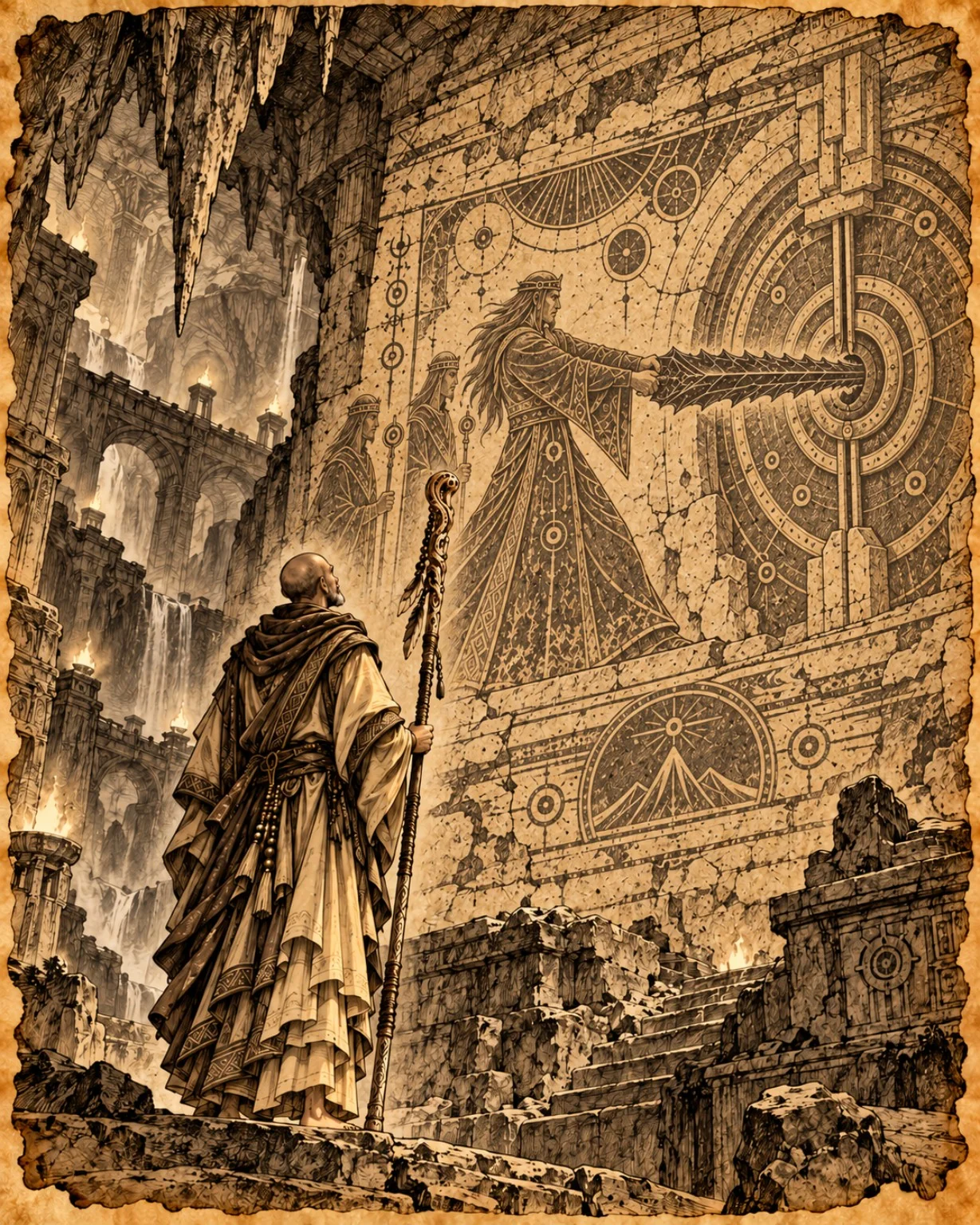 A cloaked traveler stands before a towering carved stone wall in a rocky cavern.