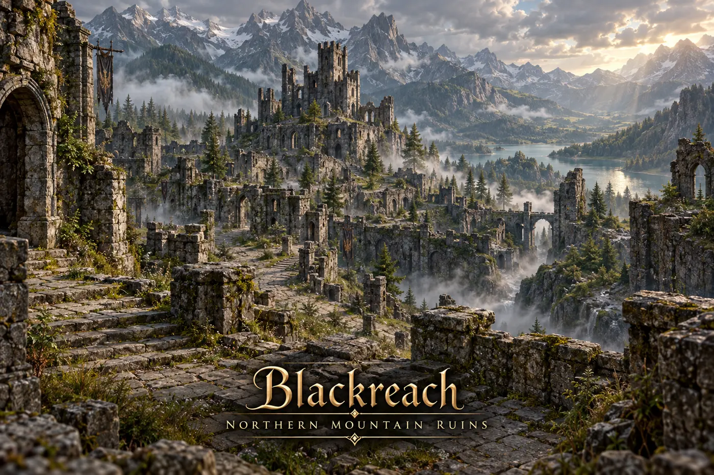 Overgrown stone towers and ruins overlook a mist-filled valley.