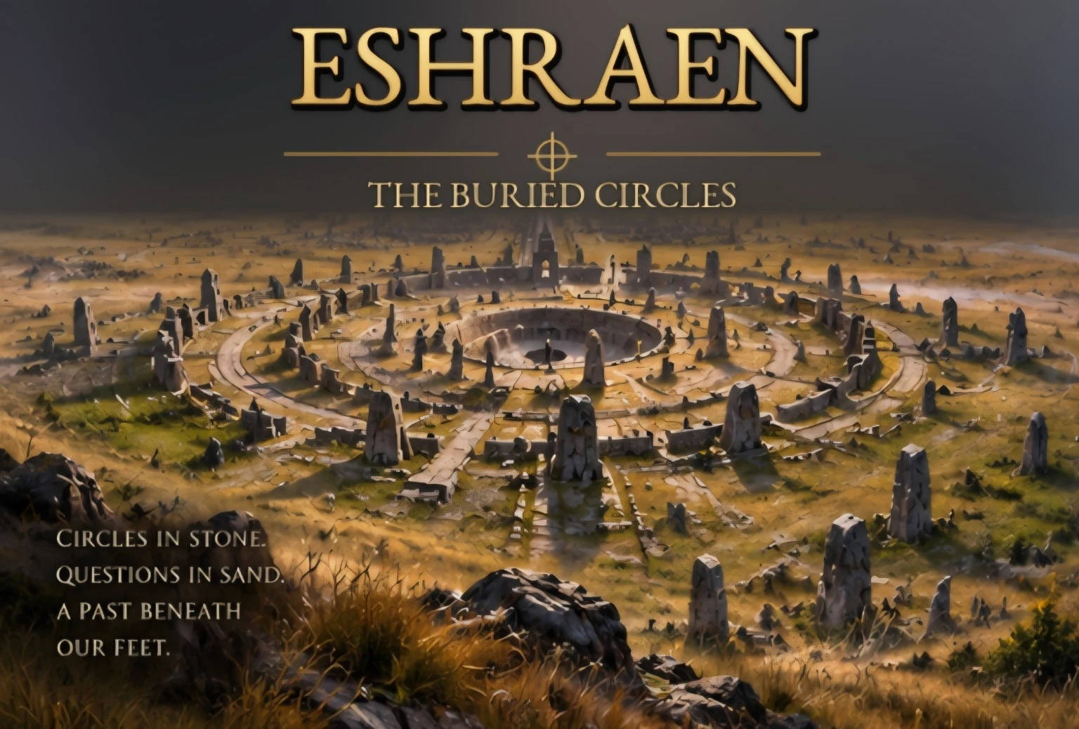 Concentric rings of ancient standing stones and broken walls spread across a golden grassy plain.