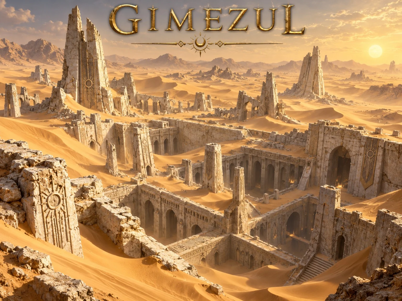 Sand drifts surround broken towers, carved pillars, and monumental ruins in a sunlit desert.