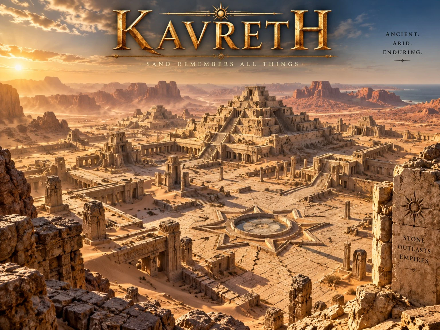 A stepped pyramid and ruined stone courtyards overlook a broad desert landscape in golden light.