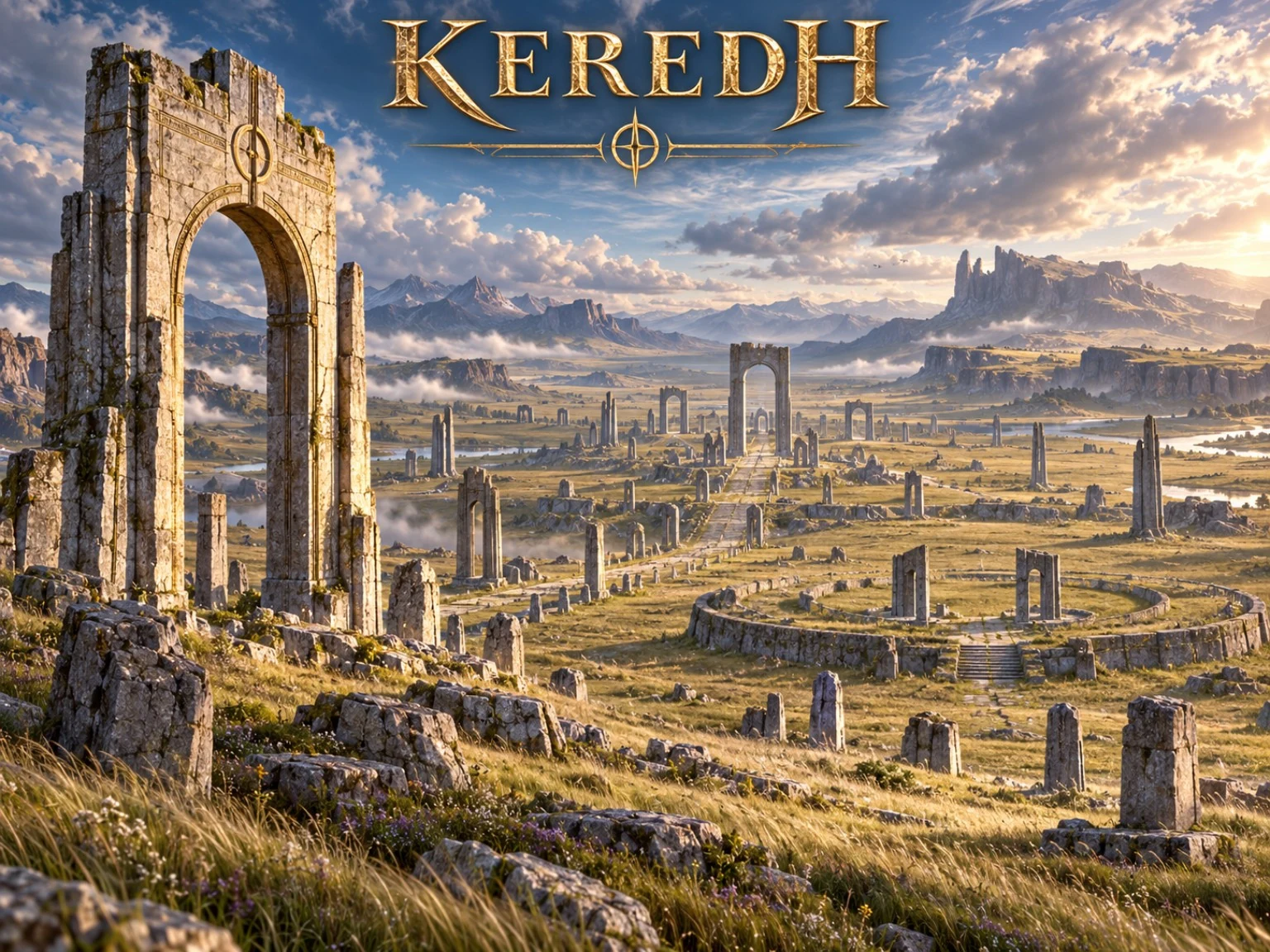 A monumental broken arch stands above scattered pillars and ancient foundations on a grassy plain.