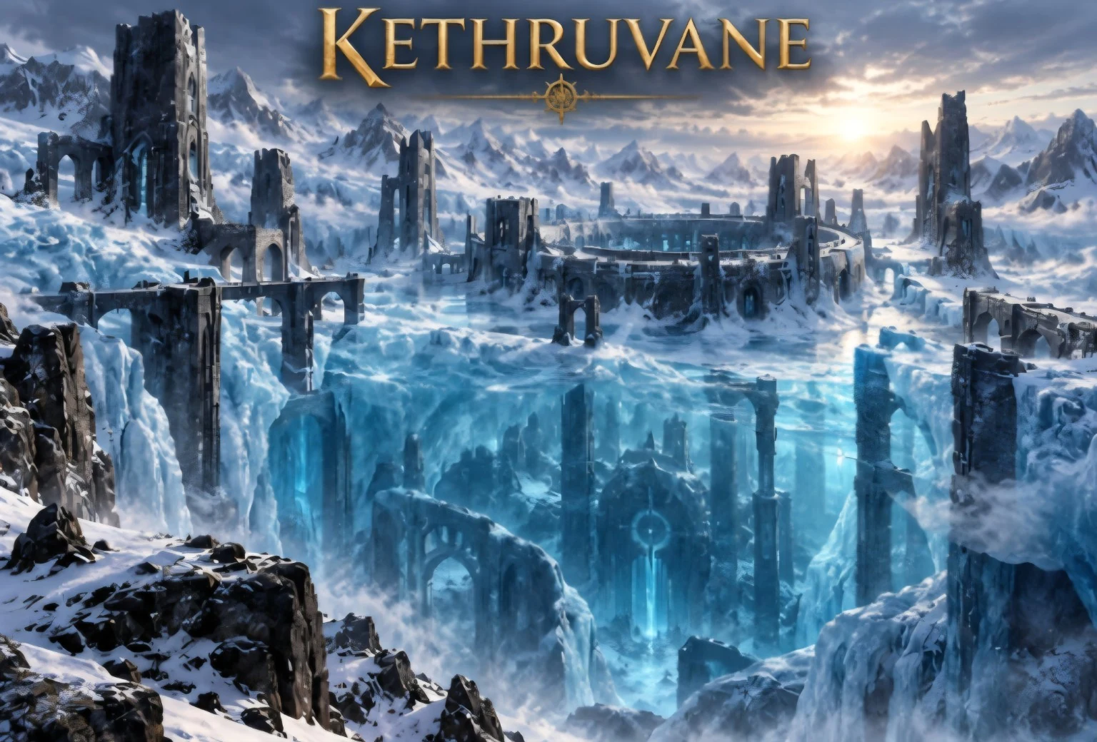 Snow-covered ruins and dark stone spires surround a deep blue frozen chasm with icy waterfalls.
