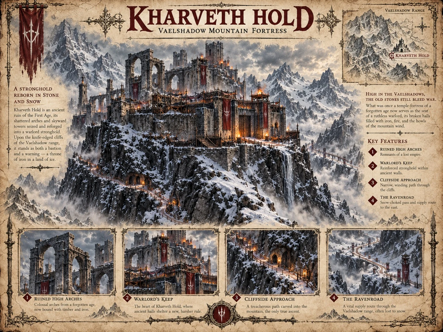 Fortress reference sheet showing Kharveth Hold in snowy mountains, with a location map, entrance, courtyard, and architectural details.