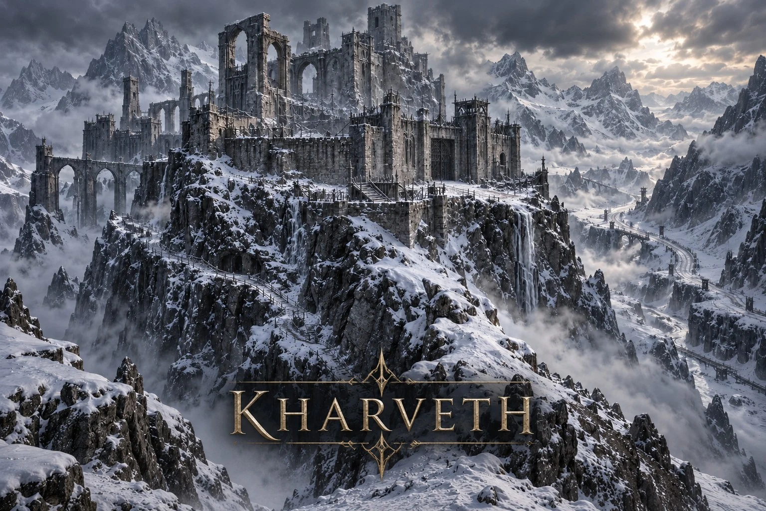 A ruined mountain fortress rises from a snowy rocky ridge beneath dramatic clouds.